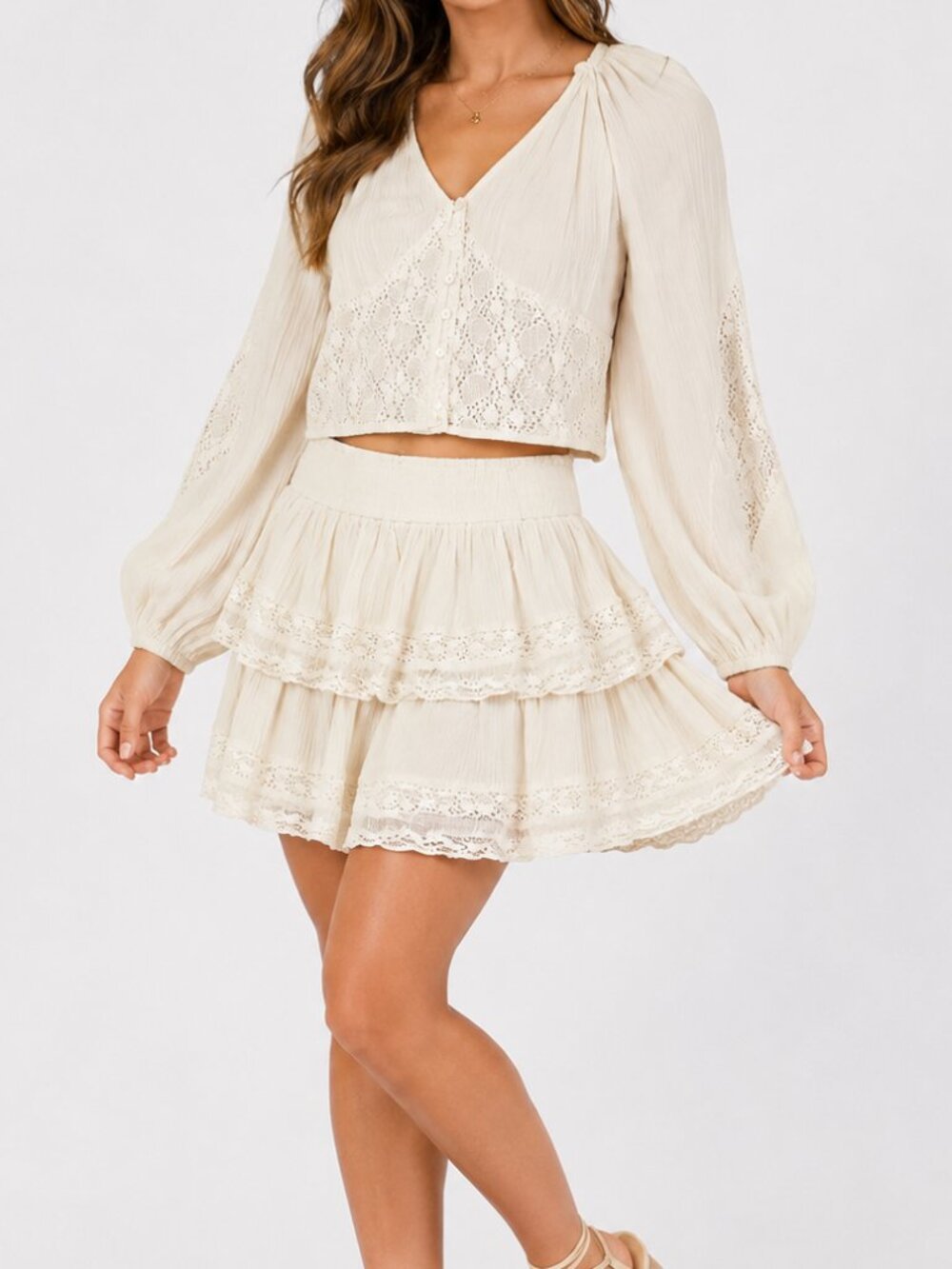 Chelsea & Violet Lace Matching Set Boho Coquette Top & Tiered Mini Skirt S M